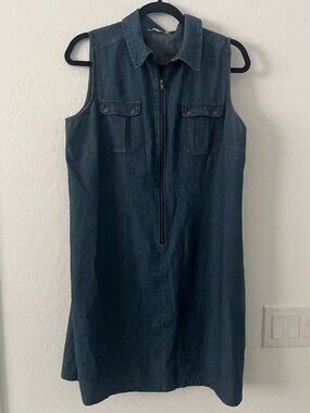 J Gee Cotton hambray Denim Dress Womens L Sleeveless Zip Front Shirt Dress